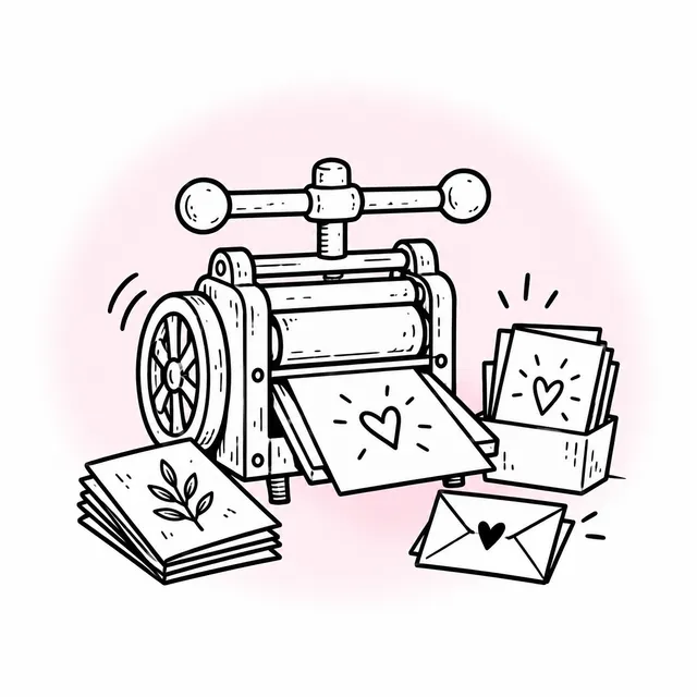 A printing press feeding out a freshly printed card, beside an envelope